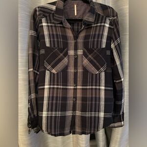 Free People Plaid Button Down Top Black Gray White Cotton/Linen Blend EUC Small
